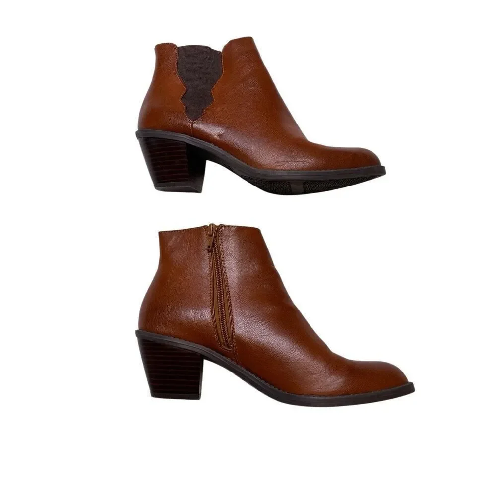 Sonoma Brown Ankle Boots Side Zip Stacked Heel Booties Size 8M Office Business